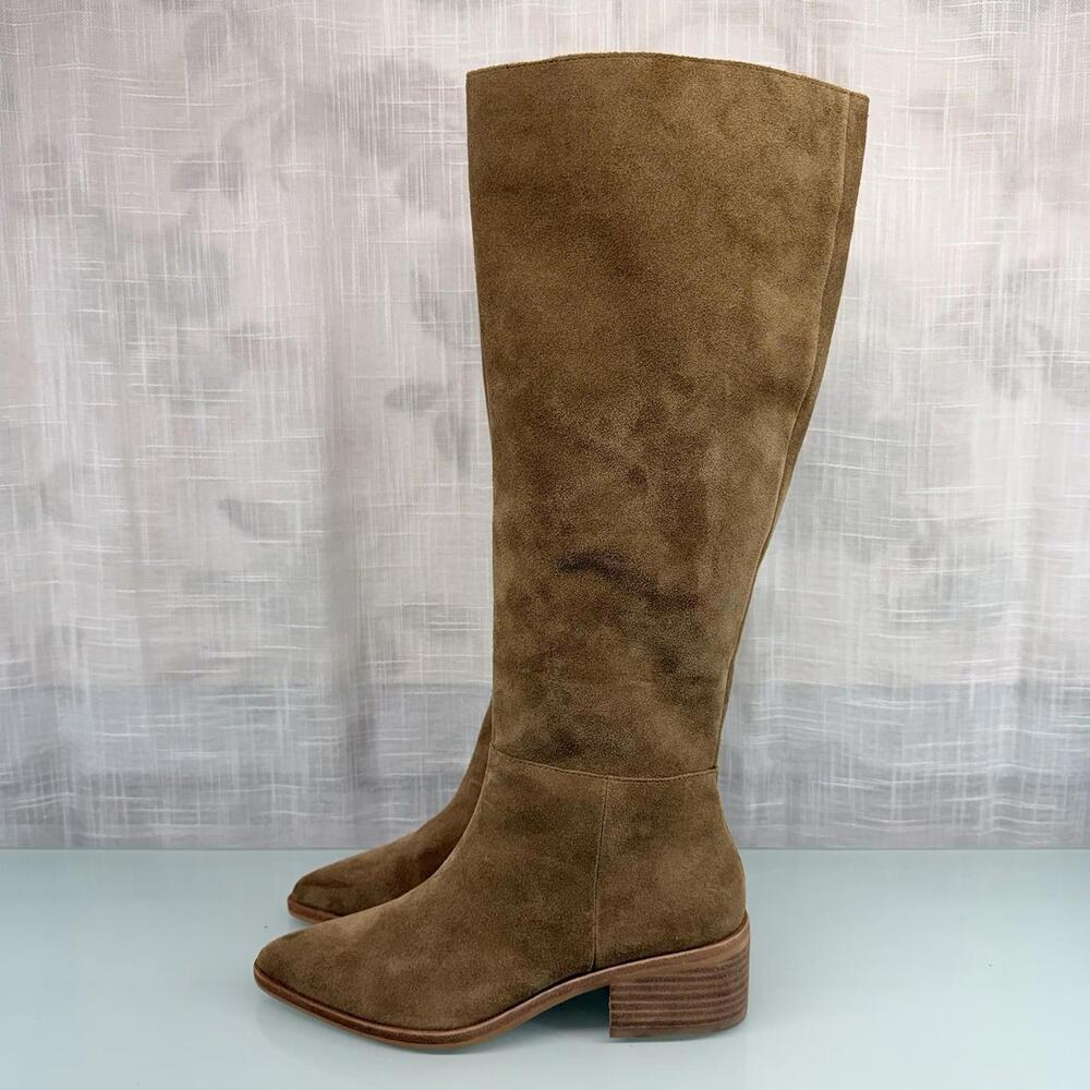 Vince Camuto Knee High Suede Boots Sz 5 Tan Western Quiet Luxury Pointed Toe